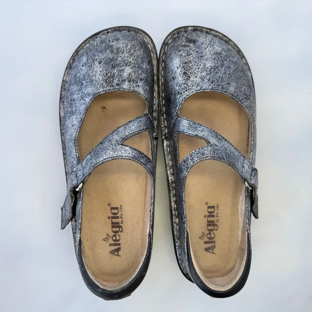Alegria Dayna Silver Metallic Cracked Leather Mary Jane Shoes DAY-735 Size 38